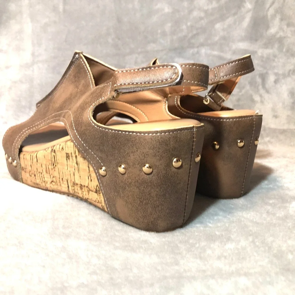 Womens Brown Faux Leather Cork Wedge Platform‎ Sandals Size 42 Studded Slingback